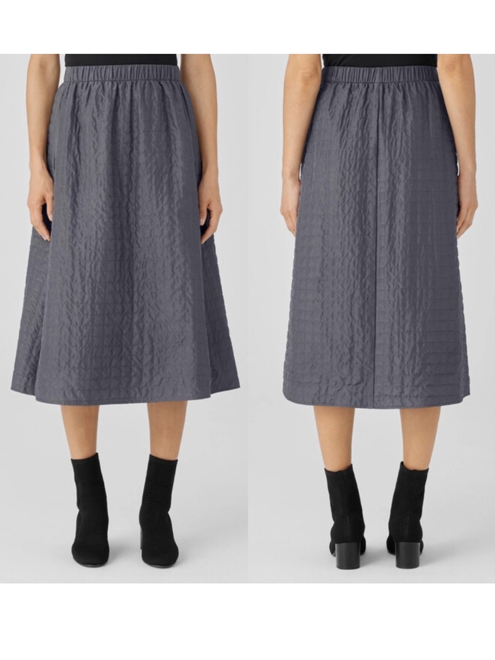 Eileen Fisher 100% Silk Habutai Quilted A-Line Midi Skirt Charcoal Gray S